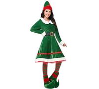 Cusghjbsg Women's Mrs Claus Santa Costume Outfits Christmas Fancy Velvet Hooded Dress Cosplay Themed Party Stage Show Costume with Belt (Green E, S)