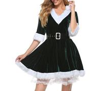 Cusghjbsg Women's Mrs Claus Santa Costume Outfits Christmas Fancy Velvet Hooded Dress Cosplay Themed Party Stage Show Costume with Belt (Green A, S)
