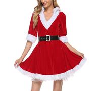 Cusghjbsg Women's Mrs Claus Santa Costume Outfits Christmas Fancy Velvet Hooded Dress Cosplay Themed Party Stage Show Costume with Belt (Red A, S)
