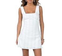 Cusghjbsg Womens Sleeveless Tank Dress Solid Color Lace Trim Strap Square Neck High-Waisted Ruffle Hem A-line Beach Short Mini Dress (White A, XL)