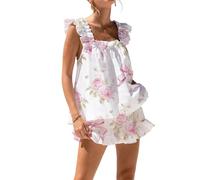 Cusghjbsg Womens Summer 2PCS Pajamas Boho Print Bow Fly Sleeveless Backless Square Collar Pleated Pullover Sling Vest Ruffle Shorts Sets (White Rose E, M)