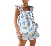 Cusghjbsg Womens Summer 2PCS Pajamas Boho Print Bow Fly Sleeveless Backless Square Collar Pleated Pullover Sling Vest Ruffle Shorts Sets (Blue Dog E, M)