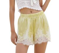 Cusghjbsg Women's Y2k Lace Trim Satin Shorts Summer Casual Silk Lace Patchwork Elastic Waist Anti-Slip Short Bottoms Underskirt Micro Shorts (Yellow D, L)