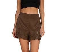 Cusghjbsg Women's Y2k Lace Trim Satin Shorts Summer Casual Silk Lace Patchwork Elastic Waist Anti-Slip Short Bottoms Underskirt Micro Shorts (Dark Brown A, L)