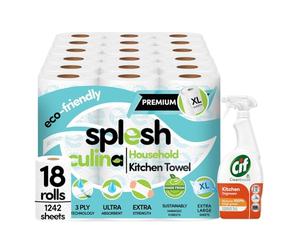 Cusheen Splesh Culina 3-Ply Kitchen Towel Ultra Absorbent Household, 18 XL Rolls with Cif Cleanboost Kitchen Degreaser Spray Removes Tough Grease, 700ml