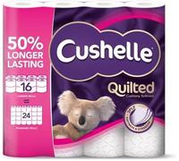 Cushelle Quilted Toilet Roll, 50% Longer Lasting, 3-Ply Cushion Softness, 16 Rolls Equivalent to 24 Standard Rolls