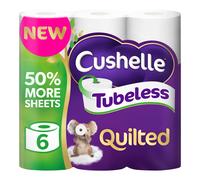 Cushelle Quilted Tubeless Toilet Tissue, 3-Ply, 6 Rolls, 50% More Sheets
