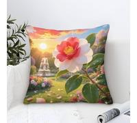 Cushion Cases Camellias Flower Modern Art Decorative,Dusk Rural Scene Oil Painting Square Soft Polyester Pillow Case for Living Room Sofa Couch Bed Pillowcases 50x50cm
