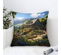 Cushion Cases Mountain Village Cottage Modern Art Decorative,Dreamy Mountain Villa Pattern Square Pillow Cases Soft Polyester Throw Pillow Cover for Couch Sofa Bedroom Home Decor 50x50cm