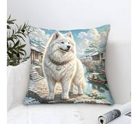 Cushion Cases Samoyed Dog Modern Art Decorative,Chinese - Style Water Town Oil Painting Square Pillow Case Soft Polyester Throw Pillow Cases Home for Livingroom Outdoor Garden Couch Sofa Decor 45x45cm