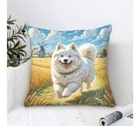 Cushion Cases Samoyed Dog Modern Art Decorative,Wheat Field Windmill Oil Painting Square Soft Polyester Pillowcases Home for Livingroom Outdoor Garden Couch Sofa Decor 45x45cm