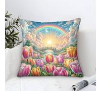 Cushion Cases Tulip Modern Art Decorative,Rainbow - Lit Garden Oil Painting Square Soft Polyester Pillow Case for Living Room Sofa Couch Bed Pillowcases 50x50cm