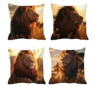 Cushion Cover 35 x 35 Set of 4, lion Garden Cushions sunset Outdoor Cushion Covers, Velvet Sofa Cushions Decorative Pillows Square Pillow Cases with Invisible Zipper, for Sofa Livingroom Bedroom t-740
