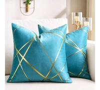 Cushion Cover 40 x 40 cm Peacock Blue Gold Lines Decorative Pillow Covers Geometry Cushion Cover Living Room Bedroom Bench Cushion Sofa Set of 2