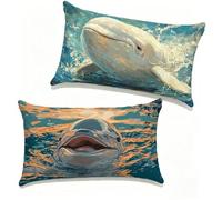 Cushion Cover 50x60 cm Set of 2 Dolphin Sofa Cushion Covers 50 x 60 cm Outdoor Throw Pillows Linen Rectangle Decorative Pillows Cases White for Bench Seat Pads Garden Spring Summer Home Decor 4-292I67