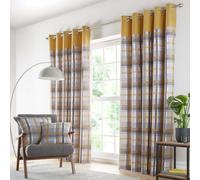 (Cushion Cover 55x55cm) Check curtains eyelet ring top lined ochre yellow grey taupe tartan ready made