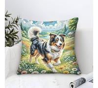 Cushion Cover Border Collie Dog Modern Art Decorative,Colorful Wildflowers Oil Painting Square Cotton Pillow Case Soft Polyester Pillowcases for Sofa Patio Home Decor 45x45cm