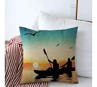 Cushion Cover Case Blue Kayak Silhouette Girls Kayaking Having Fun Plush Throw Pillow Covers Casual Chair Pillowcases, For Home, Living Room, Car, 45x45cm