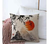 Cushion Cover Case Zen Bamboo Trees Red Sun Mountains Traditional Japanese Cushion Case With Invisible Zipper Chair Pillowcases, For Home, Bar, Patio, 45x45cm