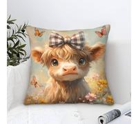 Cushion Cover Highland Cow Modern Art Decorative,Pastoral Flowers Pattern Square Cotton Pillow Case Soft Polyester Pillowcases for Living Room Sofa Outdoor Pillowcases 50x50cm