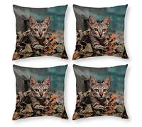 Cushion Cover Pillowcase Cotton Linen Mammal Felidae Asian-up Durable Cotton Linen Throw Pillow Case Home Decor for Halloween Easter Gifts 4 1 Set 30x30cm