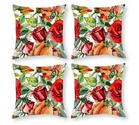 Cushion Cover Pillowcase Cotton Linen Red Rose Cut Flowers Durable Cotton Linen Throw Pillow Case Home Decor for Halloween Easter Gifts 4 1 Set 40x40cm
