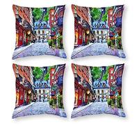 Cushion Cover Pillowcase Cotton Linen Watercolor Paint Town Road-up Durable Cotton Linen Throw Pillow Case Home Decor for Halloween Easter Gifts 4 1 Set 50x50cm