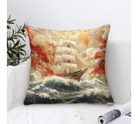 Cushion Cover Sailing Ship Modern Art Decorative,Stormy Sea Vessel Pattern Square Pillow Cases Soft Polyester Throw Pillow Cases Home for Livingroom Outdoor Garden Couch Decor 50x50cm