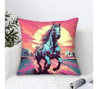 Cushion Cover Set of 1 Running Horse City Sky Decorative Machine Washable Pillowcases Square Cushions with Invisible Zipper Cushion Covers for Living Room Sofa Couch Bed Throw Pillow Cases 45x45cm
