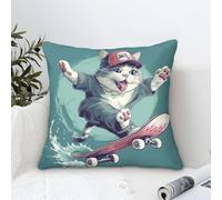 Cushion Cover Set of 1 Skateboarding Cat-cartoon Fun Style Decorative Machine Washable Pillowcases Square Cushions with Invisible Zipper Cushion Covers for Living Room Sofa Couch Bed Throw Pillow Case