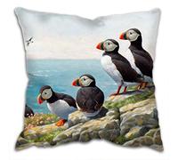 Cushion Cover with Puffins on Cliff Artwork by Julian Friers - 42cm x 42cm