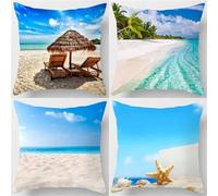 Cushion Covers 16x16 in Set of 4 Blue Large Sofa Cushions Covers Beach Double Sided Square Linen Waterproof Throw Pillow Cases for Patio Garden Living Room Sofa Farmhouse Pillows Decor Gifts J-93