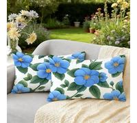 Cushion Covers 25 x 45 cm Set of 2 Blue Outdoor Cushions Waterproof Linen Rectangle Cushion Covers,Flower Decorative Sofa Cushions with Invisible Zipper Design, for Summer Decor Outdoor Garden W-1