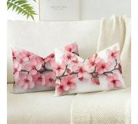 Cushion Covers 25 x 45 cm Set of 2, Soft Linen Pink Decorative Pillow Covers with Invisible Zipper Design, Peach Blossoms Outdoor Cushions Waterproof, for Sofa Bed Living Room, Bedroom & Garden D-4842