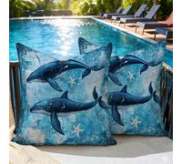 Cushion Covers 35 x 35 cm Blue Dolphin Set of 2 Outdoor Cushions Waterproof Linen Textured Square Throw Pillowcases, Sofa Cushions with Invisible Zipper for Garden, Sofa, Bed & Home Decoration, #180l