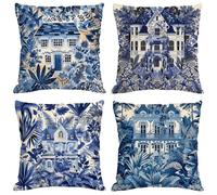 Cushion Covers 35cm x 35cm Blue Decorative Throw Pillow Cover, 4 Pack Landscape Cushion Covers 14x14 Inch Double Sided Printed Velvet Square Pillow Cases for Living Room Sofa Bedroom Bed Car m-394