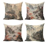 Cushion Covers 35x35 cm Chinese Style Set of 4 Modern Landscape Decorative Throw Pillow Covers Soft Square Cushion Cases for Living Room Sofa Couch Bed Pillowcases