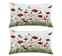 Cushion Covers 35x55 cm Set of 2 Plants Cushions for Sofa Throw Pillow Cases 14x22 Inches Polyester Linen Decorative Pillows Opium Poppy Cushion Cover for Sofa Bench Couch Garden Outdoor (XY237)