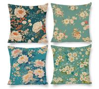 Cushion Covers 40 x 40 cm, Outdoor Cushion 4 Pack Cotton Linen Pillow Cases, Decor Outdoor Garden Furniture Spring Fall Pillow Covers for Patio Porch Farmhouse Sofa Cushion, Peony Flowers e-347