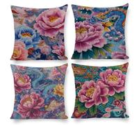 Cushion Covers 40 x 40 cm, Outdoor Cushion 4 Pack Cotton Linen Pillow Cases, Decor Outdoor Garden Furniture Spring Fall Pillow Covers for Patio Porch Farmhouse Sofa Cushion, Peony Flower e-349