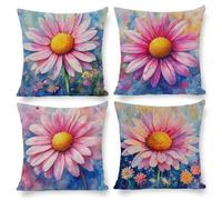Cushion Covers 40 x 40 cm, Outdoor Cushion 4 Pack Waterproof linen Pillow Cases, Decorative Outdoor Garden Furniture Spring Fall Pillow Covers for Patio Porch Balcony Sofa Cushion, (Pink Daisy) i-174