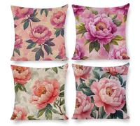 Cushion Covers 40 x 40 cm, Outdoor Cushion 4 Pack Waterproof Velvet Pillow Cases, Decor Outdoor Garden Furniture Spring Fall Pillow Covers for Patio Porch Farmhouse Sofa Cushion, Peony Flowers e-348
