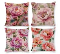 Cushion Covers 40 x 40 cm, Outdoor Cushion 4 Pack Waterproof Velvet Pillow Cases, Decor Outdoor Garden Furniture Spring Fall Pillow Covers for Patio Porch Farmhouse Sofa Cushion, Peony Flower e-350