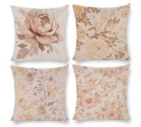 Cushion Covers 40 x 40 cm, Outdoor Cushion 4 Pack Waterproof Velvet Pillow Cases, Decor Outdoor Garden Furniture Spring Fall Pillow Covers for Patio Porch Farmhouse Sofa Cushion, Beige Peony e-334