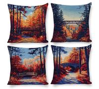 Cushion Covers 45 x 45 cm, Outdoor Cushion 4 Pack Cotton Linen Pillow Cases, Decor Outdoor Garden Furniture Spring Fall Pillow Covers for Patio Porch Farmhouse Sofa Cushion, Forest Landscape e-385