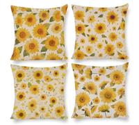 Cushion Covers 45 x 45 cm, Outdoor Cushion 4 Pack Waterproof Velvet Pillow Cases, Decorative Outdoor Garden Furniture Spring Fall Pillow Covers for Patio Balcony Sofa Cushion, (Yellow Sunflower) i-374