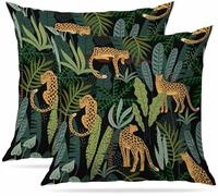 Cushion Covers 45 x 45 cm Set of 2 Soft Short Plush Decorative Square Throw Pillow Case Pillowcases for Sofa Bedroom Outdoor Home Office Car Decor with Invisible Zipper Leopards and tropical leaves