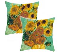 Cushion Covers 45 x 45 cm Set of 2, Van Gogh famous paintings Couch Throw Waist Square Pillow Case For Home Car Decorative, Cotton Linen, sunflower