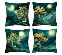 Cushion Covers 45 x 45 cm, Set of 4 Turquoise Velvet Cushion Covers, Double Sided Square Decorative Pillowcases with Invisible Zipper, Landscape Pillow Cases for Room, Bedroom, Sofa, Home Decor, D-47