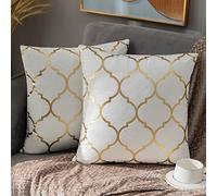 Cushion Covers 45 x 45 Velvet Soft Cozy Gold Printed Geometric Quatrefoil Square Moroccan Contemporary Solid Throw Pillow Cases for Sofa Couch Bed Chair Car, 2 Pack, White